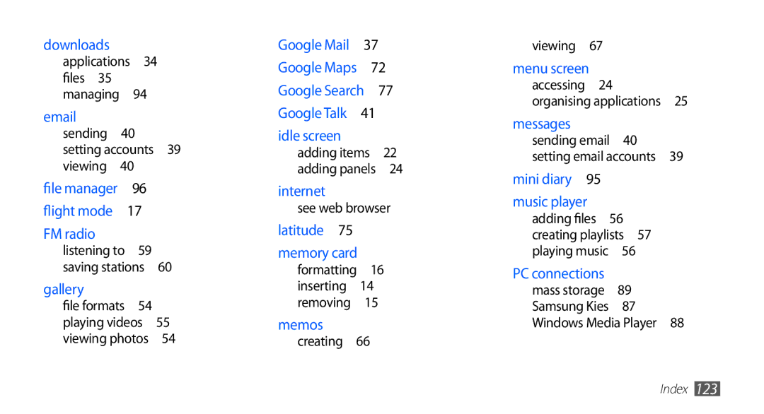 Samsung YP-GI1CW/XEU, YP-G1CW/XEG manual Sending Setting accounts 39 viewing , See web browser, Creating , Adding files  